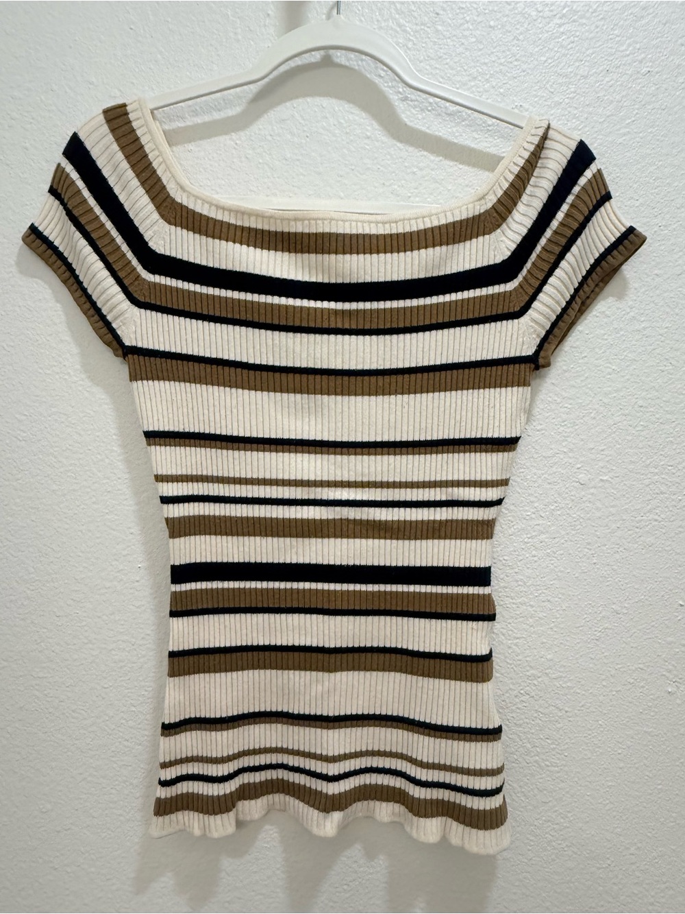 Y2K Croquette Knitted Striped Ribbed off the shoulder fitted stretch top